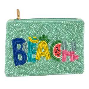 Handmade Beaded Lightweight <b>Square</b> Beach Purse Mint Green Cotton Zipper Pouch Flower Theme - Product Image 3