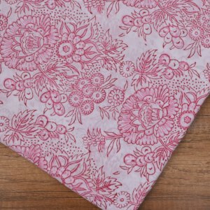 Traditional White Pink Floral Hand Block Printed Cotton <b>Fabric</b> Fine Leaf Design for Fashion Garments Home Decor - Product Image 1