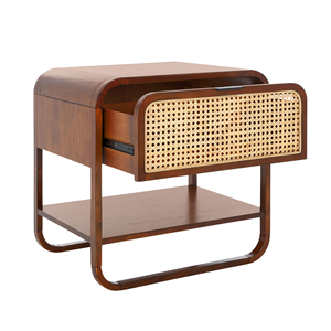 Mesa de Noche de Madera Maciza con Cajón de Ratán, Mesa Auxiliar para Dormitorio, Hotel y Apartamento - Product Image 2