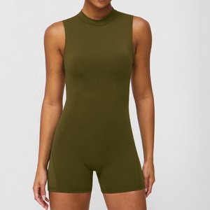 Women Solid Color High Waist Seamless Bodysuit Sleeveless Stand Neck Yoga Set Olive Green by AMAZING INDUSTRIES - Product Image 1