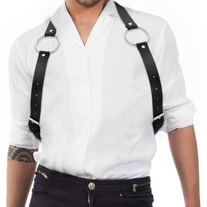<b>Men's</b> Black Faux Leather Chest <b>Harness</b> Adjustable Shoulder Straps With Silver O-Rings Gothic Punk Body Belt For <b>Men</b> Accessories - Product Image 1