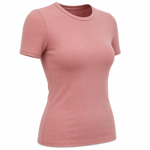 T-shirt décontracté pour femme en mélange de coton côtelé, coupe ajustée, col rond, manches courtes, couleur rose poudré - Product Image 3