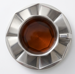 Grande tasse à thé en acier inoxydable avec soucoupe et anse, tasse à café en métal argenté - Product Image 2