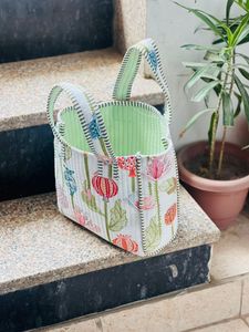 Veer Handicrafts Striped <b>Canvas</b> Quilted Tote Bag Zipper Closure Striped Handles Bohemian Style Women's Shopping Travel <b>Beach</b> Bag - Product Image 3