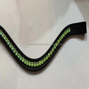 Dernière tendance accessoires cheval vente en gros, selle noire en cuir, bande de sourcil de cheval conçue avec 1 rangée de strass vert bling - Product Image 5