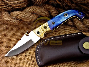 Cuchillo plegable de acero inoxidable con punta de cuchillo, mango de hueso azul, perilla para el pulgar, cuchillo de camping, cuchillo táctico de bolsillo DIY. - Product Image 2