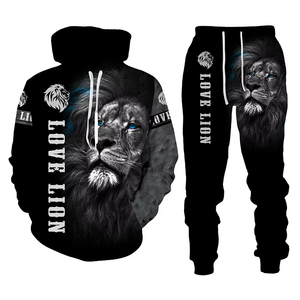 Love Lion 3D Printed Hooded Windproof 100% Polyester Tracksuit Set Unisex Full Sleeve Casual Jogger Pants Black White Drawstring - Product Image 4