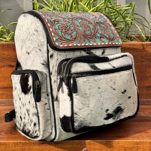 Bolsa de pañales de cuero con pelo de marca personalizada, mochila de piel de vaca con flores turquesa occidental, mochila grande de viaje para ordenador portátil - Product Image 3