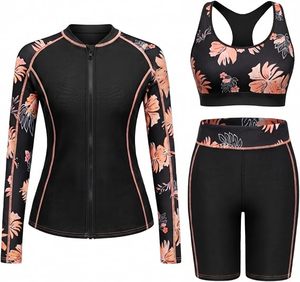 Ensemble de 3 pièces pour femmes, haut de sport à manches longues, soutien-gorge de sport, short taille haute, tenue de bain pour l'entraînement - Product Image 1