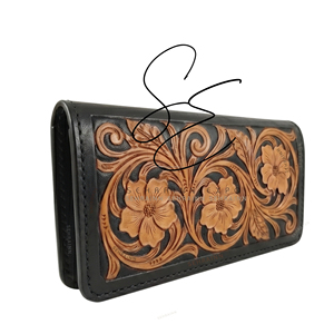 Portefeuille noir pour femme en cuir véritable sculpté à la main avec motifs floraux, portefeuille à deux volets pour usage quotidien, porte-cartes et porte-espèces style cowgirl - Product Image 2