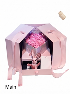 <b>Pink</b> Rigid <b>Gift</b> Box With Rose Bouquet And Plush Bunny Inside Satin Ribbon Closure High-End Craft Packaging - Product Image 2