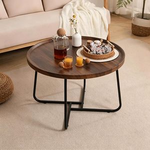 Table basse ronde moderne en bois avec pieds croisés en métal noir, table centrale rustique en bois grainé pour salon et chambre - Product Image 2