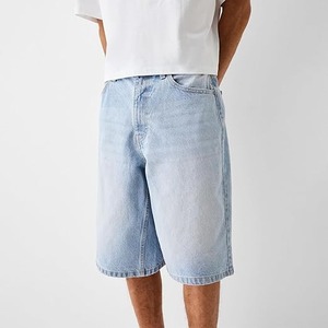 Shorts Bermuda en Coton Lavé Bleu Clair pour Homme, Taille Mi-Haute, Fermeture Boutonnée, Style Décontracté Couleur Unie - Product Image 6