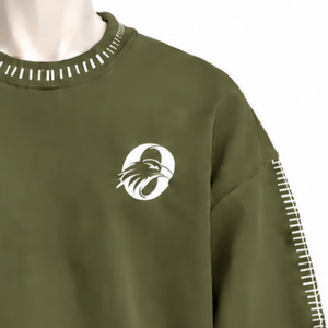 Sudadera de cuello redondo para hombre, verde oliva, con borde cosido, efecto desgastado, corte holgado, manga larga, estilo vintage, informal, para streetwear. - Product Image 5