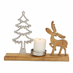Support de bougie de Noël fait main en forme de renne et d'arbre avec base en bois de manguier naturel et support de bougie chauffe-plat festif en aluminium argenté de qualité supérieure - Product Image 4