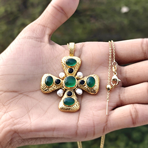 Hypoallergenic <b>necklace</b> green onyx <b>black</b> cz accents <b>cross</b> pendant with pearl 18k gold plated designer texture metal <b>necklace</b> - Product Image 5