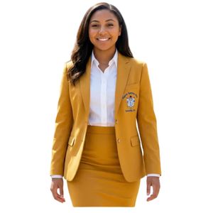 Chaqueta Deportiva Dorada para Mujer con Escudo Bordado de Sigma Gamma Rho, Chaqueta Formal de Hermandad Griega, Chaqueta de Negocios Personalizada - Product Image 1
