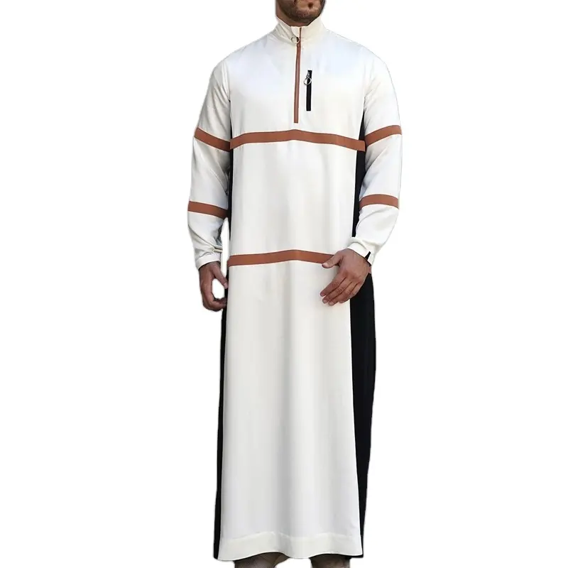 Signo Ropa étnica Thobe musulmán con bolsillo lateral Hombres Ropa islámica thobe Moda personalizada cuello alto a rayas