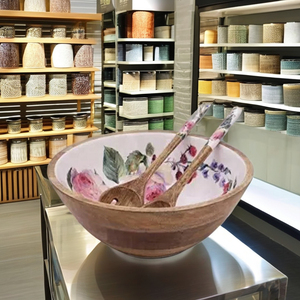 Nouveau design de bol et cuillère de service en bois imprimé émaillé intérieur Vaisselle de cuisine Bol de service en bois et résine Bol de couverts - Product Image 1