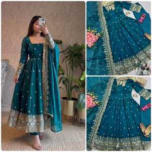 Women’s Designer Party Wear Gown Set | Heavy Fandy Silk Embroidered <b>Sequin</b> Gown with <b>Pant</b> & Dupatta - Product Image 5