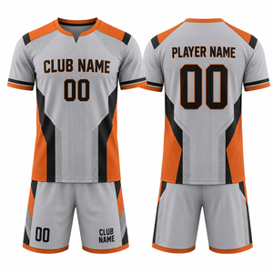 Ensemble de maillots de football personnalisés sublimés gris, orange, noir, col haut, manches courtes, légers, en mesh respirant, unisexe, athlétique - Product Image 1