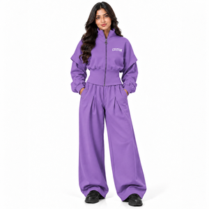 Trendy Purple <b>Women</b> Cropped Full Zip <b>Jacket</b> Wide Leg Sweatpants Tracksuit High Waist Fleece Crop <b>Jacket</b> Two Piece Matching Sets - Product Image 1