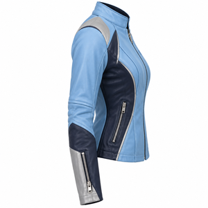 Veste de moto en cuir véritable bleu marine foncé pour femmes, vêtements de sport pour motocross, vêtements de motard, streetwear - Product Image 3