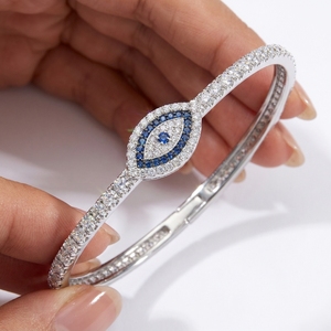 RCK Global Vintage <b>Evil</b> <b>Eye</b> Bangle <b>Bracelet</b> 14K White Gold Plated 925 Sterling <b>Silver</b> Blue VVS1 Moissanite Protective Cuff Gift - Product Image 3