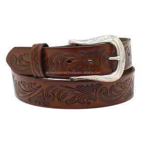 Ceinture en cuir occidental épaisse à une seule couche pour hommes et femmes avec boucle en laiton nickelé gravée de fleurs - Product Image 4