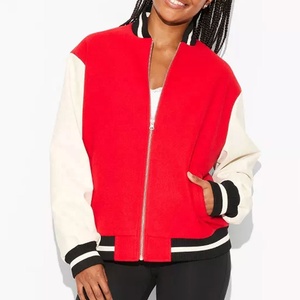 Veste universitaire rouge pour femme avec fermeture éclair, manches contrastées, col rabattable, en coton et polyester, vêtement d'extérieur d'automne, style baseball - Product Image 6