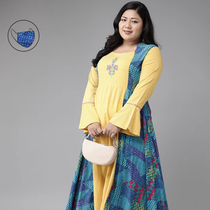 Kurta Anarkali de Rayón con Bordado de Encaje Multigeométrico al por Mayor, Tallas Grandes para Mujer, Cuello Mandarín, Mangas Largas Formales, Uso Diario - Product Image 1