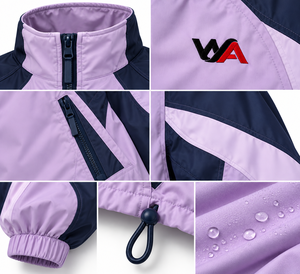 Chaqueta deportiva OEM para mujer, color lavanda y azul marino, con logotipo personalizado, cremallera completa, mangas curvas, bloques de color, ligera, venta al por mayor. - Product Image 6