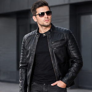 Blouson moto homme en cuir véritable noir, coupe ajustée, col rabattable, fermeture éclair, finition rouge, style automne - Product Image 3