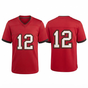 Maillot de football américain rouge à col en V pour homme, manches courtes, numéro 12 imprimé, en polyester respirant, coupe classique - Product Image 1