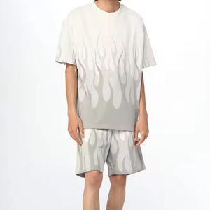 Men's White <b>Flame</b> Print T-<b>Shirt</b> And Shorts Set Crew Neck Knitted Cotton Casual Summer Wear - Product Image 1