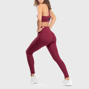 Hot Sale Women 2 Piece Yoga Set High Waist Full Length Leggings Racerback Sports Bra Solid Maroon Activewear Workout <b>Clothing</b> - Product Image 2