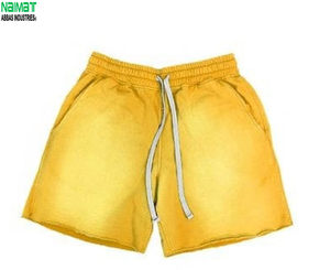 <b>Men's</b> High Quality Solid <b>Yellow</b> Cotton 220g Custom Logo Drawstring Casual Breathable Mid Waist Knitted Sportwear <b>Shorts</b> - Product Image 1