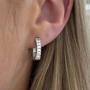 Emerald Cut Lab Grown Diamond Huggie Hoop <b>Earrings</b> Small Hinged Stacking Luxury Hoops 14K Gold Channel Set 12.55mm Everyday Wear - Product Image 2