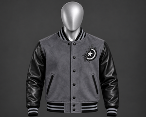 Blouson universitaire homme personnalisé gris et noir avec manches en cuir, style Letterman, Bomber, Baseball, Streetwear, boutons-pression, OEM, vente en gros - Product Image 1