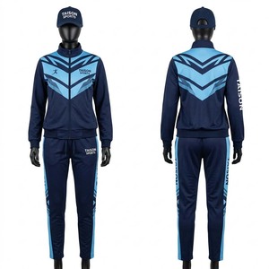 Ensemble de survêtement de netball imperméable à capuche en polyester 220 GSM de qualité supérieure, bleu marine avec empiècements bleu ciel, logo personnalisé par transfert thermique, tenue d'équipe - Product Image 1