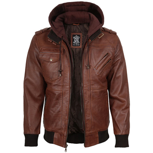 Veste en cuir marron premium pour homme, style motard vintage, coupe ajustée, en PU, avec capuche amovible, coupe-vent d'hiver - Product Image 3