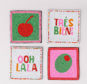 <b>Beaded</b> <b>Coaster</b> with Cherry and Text Designs in Pink Green Red Colors Embroidery Drink Mat Table Decor - Product Image 1