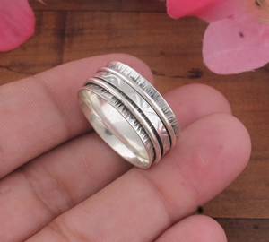 <b>925</b> <b>Sterling</b> <b>Silver</b> Classic Party Bezel Setting <b>Spinner</b> <b>Ring</b> Engraved Wave Floral Band Handmade Meditation Fidget <b>Ring</b> Vintage - Product Image 1
