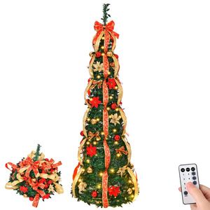 6 FT Pop up Artificial Christmas Tree Fully Decorated with 150 Warm Battery Operated Red Gold Lights Pre-Lit Xmas Decoration - Product Image 1