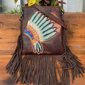 New Hot Selling Hand Tooled Genuine Leather <b>Large</b> Fringe <b>Crossbody</b> <b>Bags</b> for Women's Western Floral Pattern Concealed Carry Purse - Product Image 3