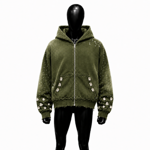 Sudadera con capucha y cremallera oversize verde con pedrería, efecto desgastado, estilo streetwear vintage lavado, con cristales incrustados - Product Image 1