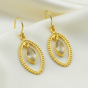 Boucles d'oreilles pendantes faites à la main en argent sterling 925 avec pierre précieuse rutile doré, cadre ovale perlé, bijoux bohèmes tendance, cadeau pour femme et épouse - Product Image 3