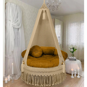 Beige Macramé Hammock <b>Swing</b> Handwoven Hanging Bed Tassel Decorative Lounge Chair <b>for</b> Indoor Patio Outdoor <b>Swing</b> Jhula (72"X33") - Product Image 1