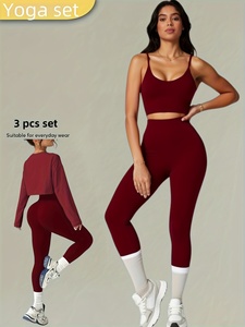 Women 3 Piece Yoga Workout Set High Waist Slim Fit Leggings Cami Bra <b>Long</b> Sleeve Cover Up - Product Image 4