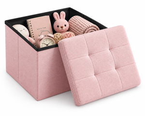 Pouf de rangement moderne pliable en tissu rose avec couvercle capitonné pour salon, mobilier de maison, appartement et hôtel - Product Image 4